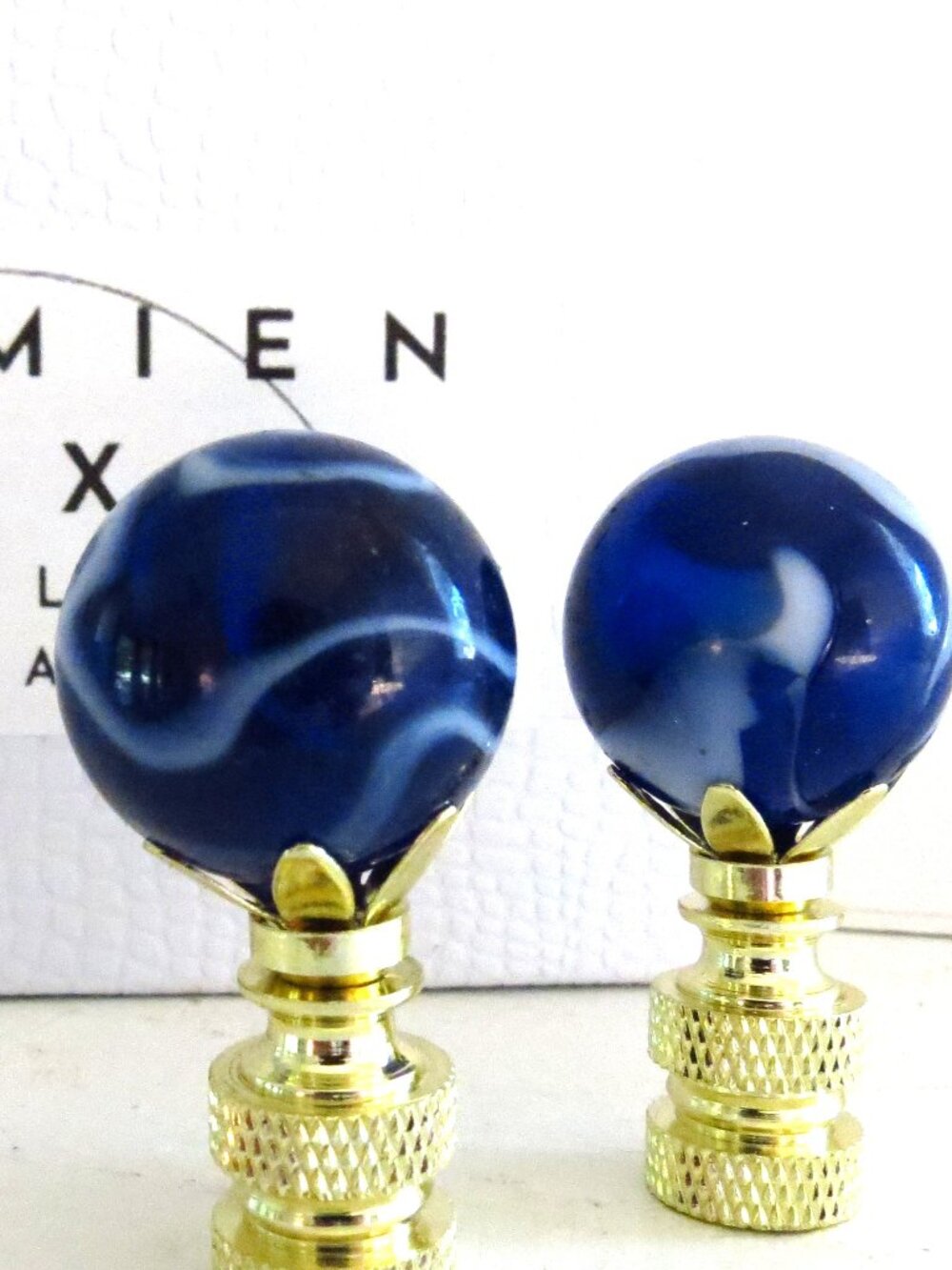 Pair of  Murano Blown Art Glass Lamp Finials, Blue White Swirl, Brass Base